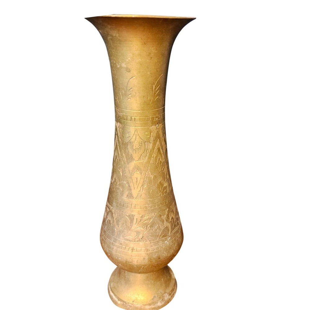 Vintage Etched Brass Bud Vase 11.5 Inch Hand Engraved Floral Made in Pakistan